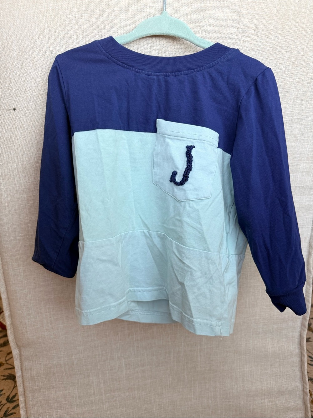 Colorblock Navy and Light Blue Long Sleeve Tee with Pocket Initial